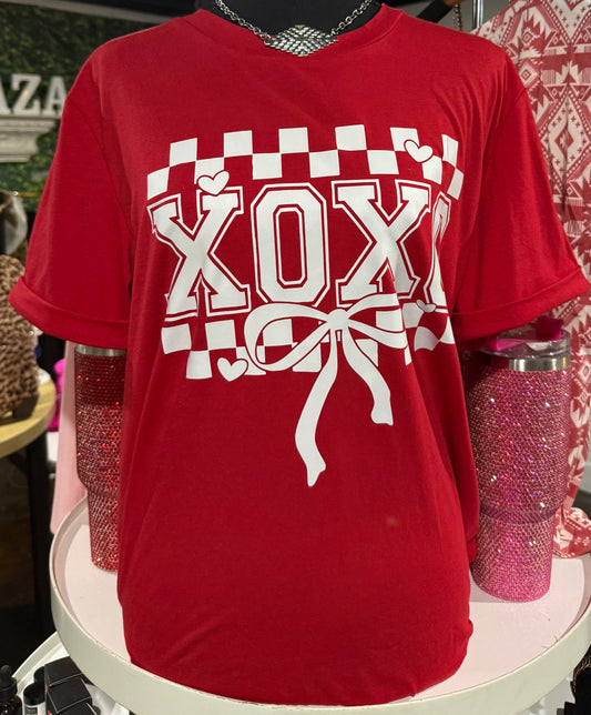 XOXO Checkered Ribbon Bow Print Valentines Day T Shirt/ SHORT Sleeve