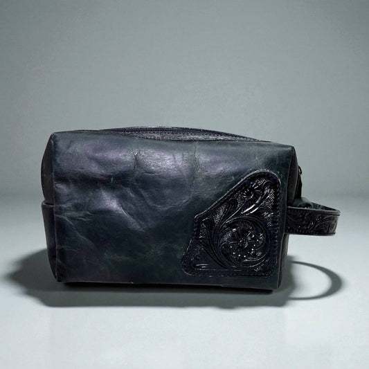 Black tooled leather toiletry bag 