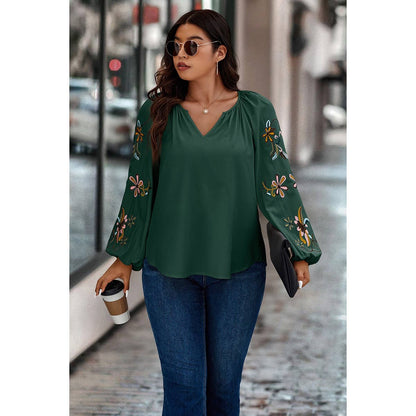 Plus Floral Print V Cut Loose Fit Ruched Blouse