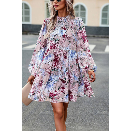Floral Print Tiered Sleeve Ruffle Hem Smock Dress: PINK