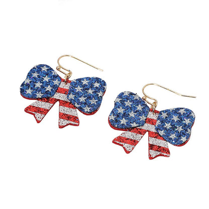 Glittered American USA Flag Bow Dangle Earrings