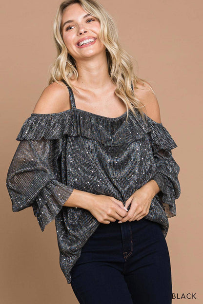 64511W-Women's Metallic Sequin Off Shoulder Ruffle Top