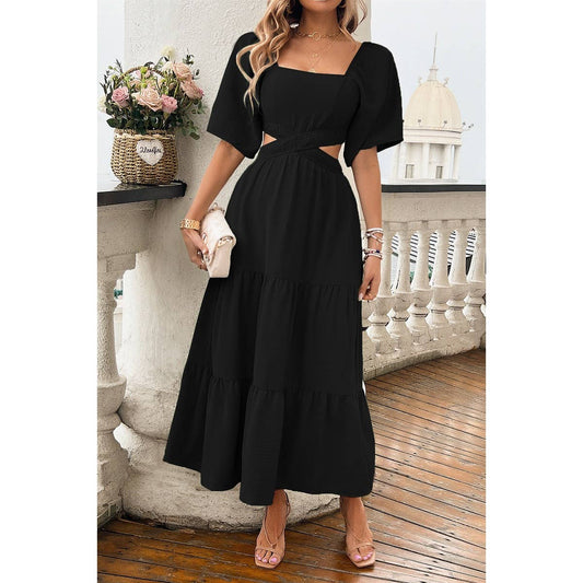 Solid Square Neck Cut Out Cross Ruffle Dress: BLACK