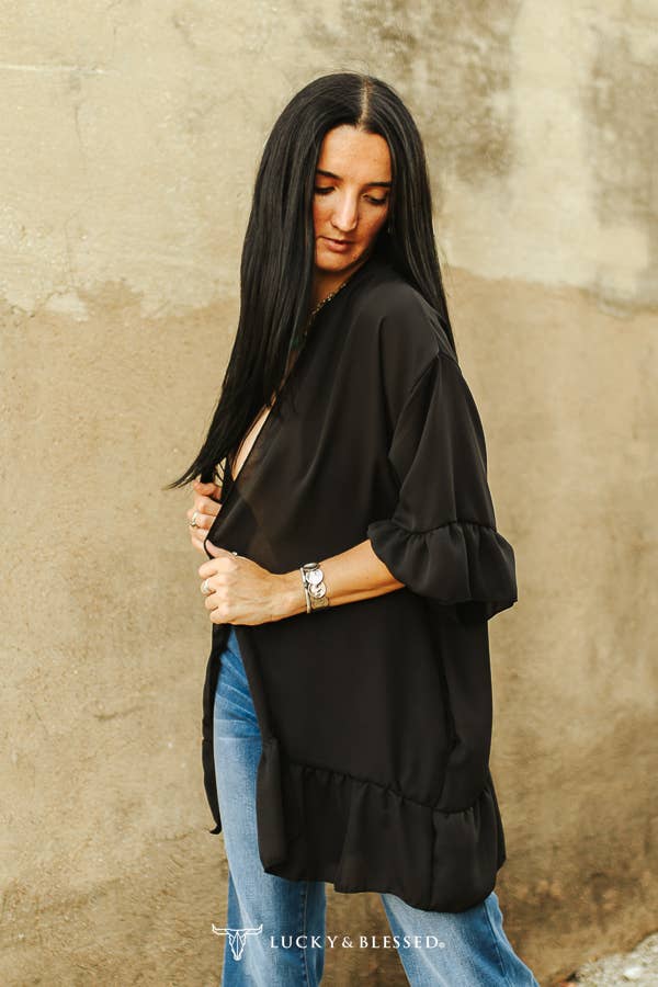 Plus Size Black Short Oversize Ruffle kimono