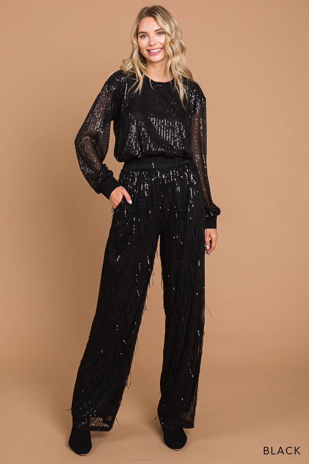 Women's Sequin Fabric Wide Leg Pants