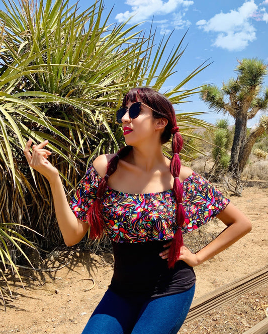 Off Shoulder Ruffle Mexican Top Made Of Stretch Fabric