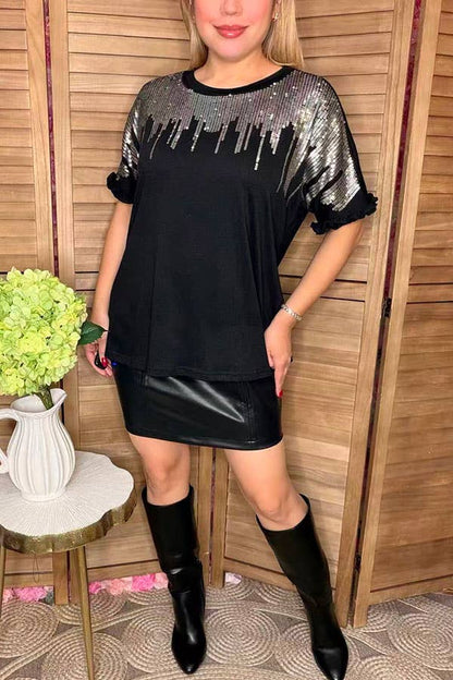 Silver sequin & black short sleeve women top