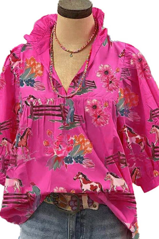 Printed Button Up Frill Collar Babydoll Blouse