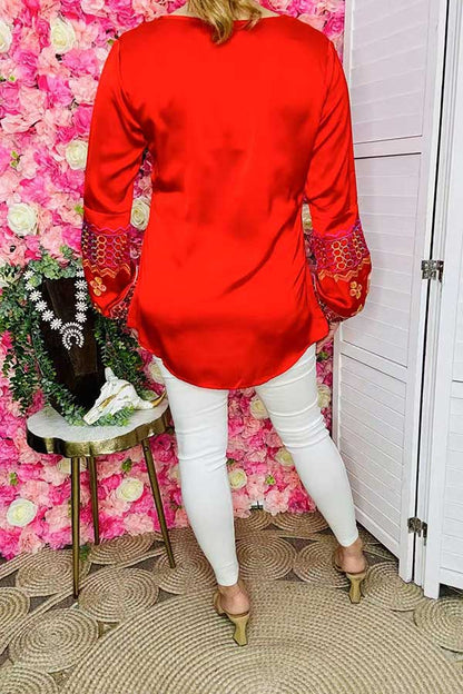 Red Embroidered Sleeve Blouse