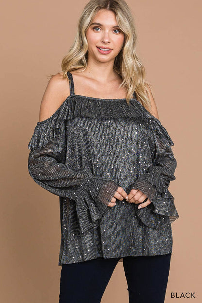 64511W-Women's Metallic Sequin Off Shoulder Ruffle Top