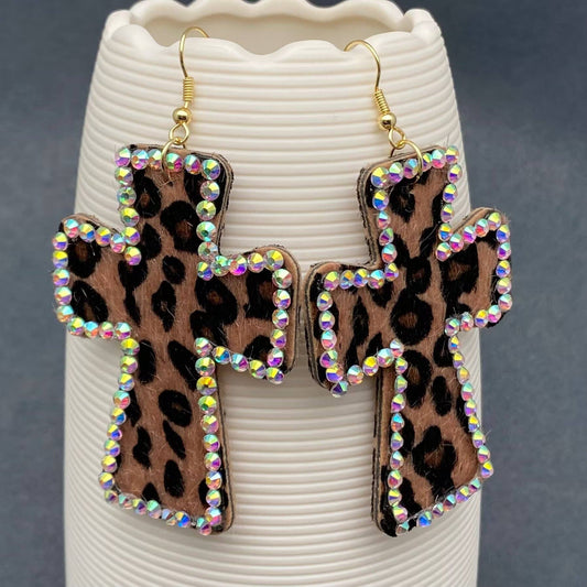 Rhinestone Leopard Print PU Leather Cross Dangle Earrings