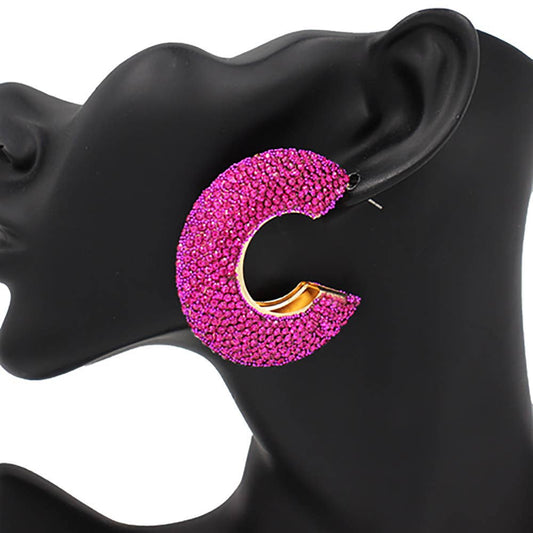 Rhinestone Studded Evening Hoop Earrings: Fuchsia