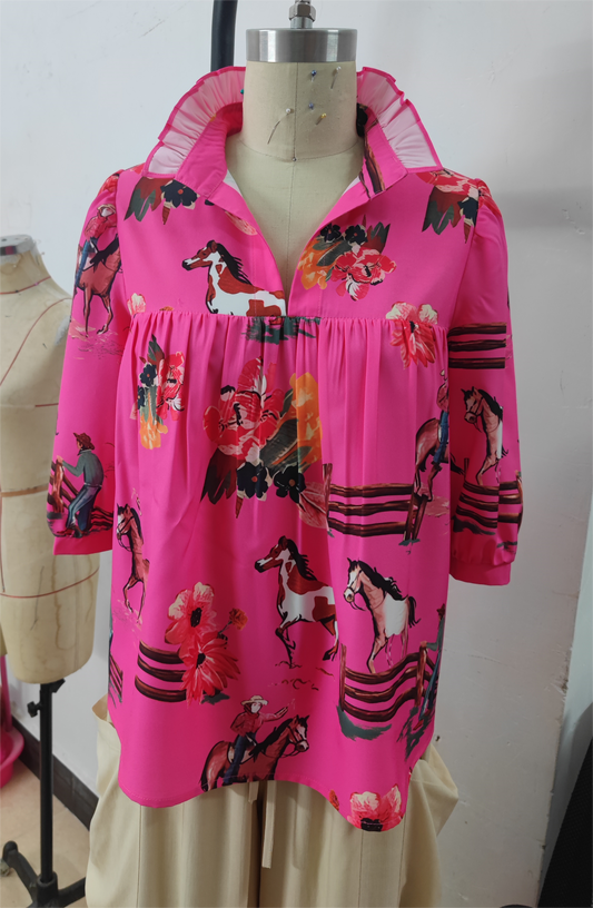 Printed Button Up Frill Collar Babydoll Blouse