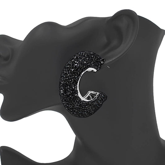 Rhinestone Studded Evening Hoop Earrings: BLACK