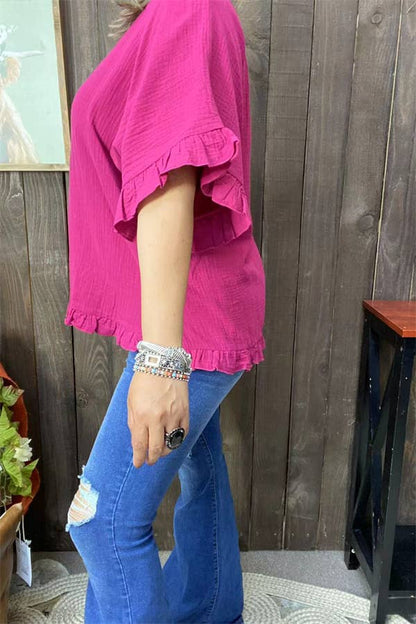 Plum Bell w/ruffle short sleeve blouse