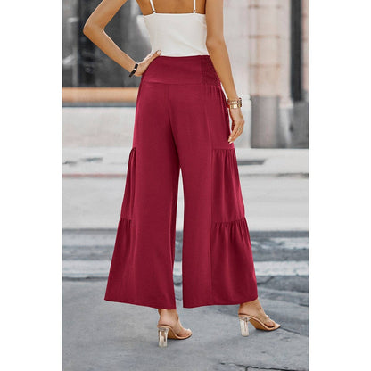 Solid Ruffle Button Wide Leg Pant