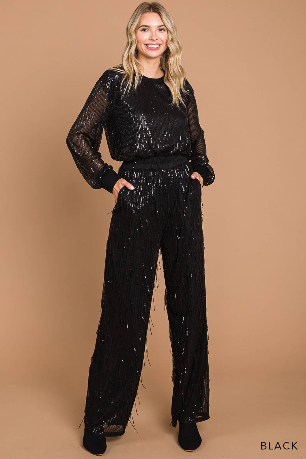 Women's Sequin Fabric Wide Leg Pants