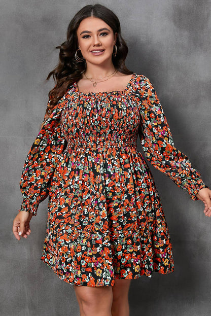 Multicolor Plus Size Smocked Long Sleeve Floral Dress